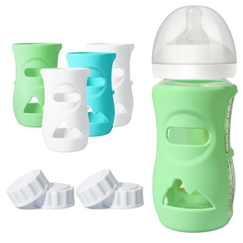 4 Pack Silicone Sleeves for Philips Avent Natural Glass Bottle, Food Grade Silicone Cover and 4pcs Travel Caps, Lids Replacement (2White+1Blue+1Green, 8oz)