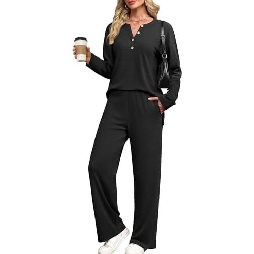XIEERDUO Lounge Sets for Women 2 Piece V Neck Button Matching Sweatsuit Loungewear Fall Outfits Fashion Clothing Pajamas