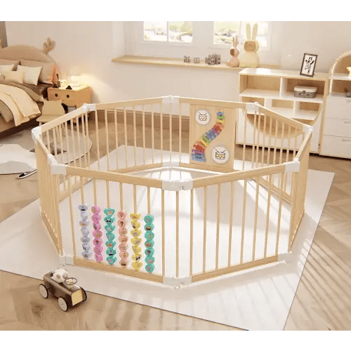 Baby Playpen, Adjustable Shape Play Pen for Toddlers 1-3 Years Foldable Playpen Large Collapsible Wooden Fence Panels with Toys Indoor Play Yard for Baby(56.5x56.5x24inch)