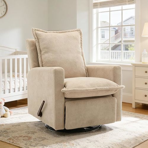 Rocking Chair Nursery Swivel Rocker Recliner Chair, High Back Adult Manual Recliner for Small Spaces, Glider Rocking Reclining Sofa for Living Room Bedroom, Beige