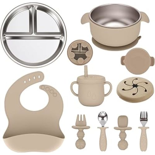 Stainless Steel Kids Plates and Bowls Set with Removable Silicone Suction Easy Clean Baby Feeding Set with Toddler Stainless Steel Baby Spoon Fork and Silicone Cup Bib Toddler Cutlery(Beige
