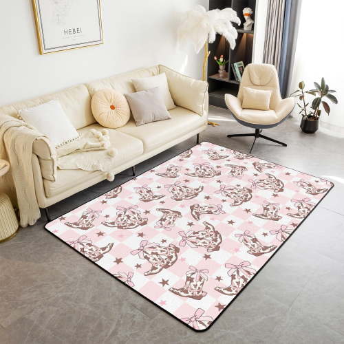 Cowgirl Boots Area Rug,Western Cowboy Rustic Brown Cowhide Starry Rugs For Living Room Bedroom,Princess Pink Bowknots Checker Plaids Decorative Rug For Living Room Bedside 2x3ft
