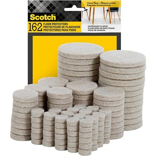 Scotch Felt Pads 162 PCS Beige, Felt Furniture Pads for Protecting Hardwood Floors, Round, Assorted Sizes Value Pack, Self-Stick design, Protecting from nicks, dents and scratches (SP845-NA)