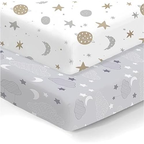 100% Organic Cotton Fitted Mattress Sheets for Graco Pack n Play, Babyletto, Pamo Babe, Dream on Me, Evenflo, Baby Trend, Hygge Hush Portable/Mini Crib/Playards, and Beka Bedside Bassinet 2 Pk