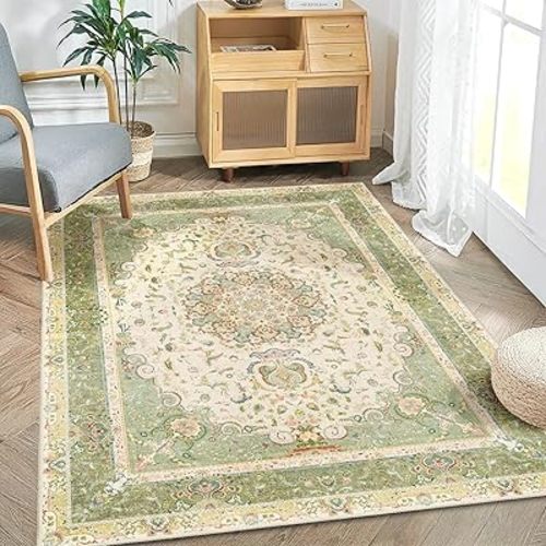 Green Rug 3x5, Boho Washable Area Rug for Bedroom Living Room Office Kitchen, Distressed Vintage Small Rug Retro Non Slip Carpet