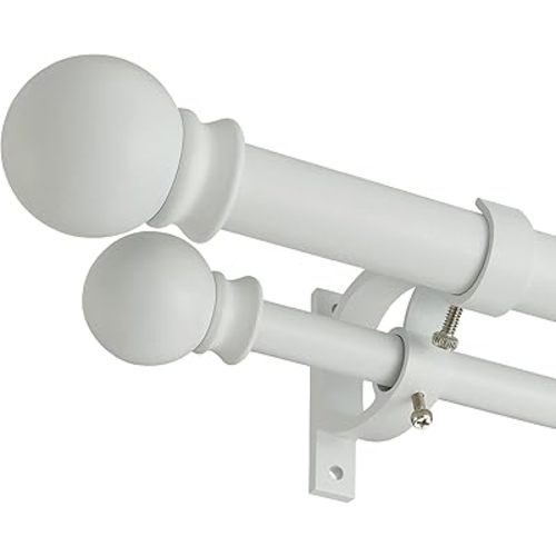 Matte White Double Curtain Rods 72-144 Inch,1’’Front and 5/8’’Back Double Drapery Rod with Small Round Ball and Aluminum Brackets, Adjustable Dual Window Rod for Sheer/Blackout Curtains