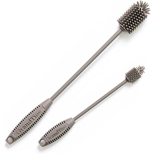 GrandTies Silicone Bottle Cleaning Brush Set | Extra Long Bottle Brush for Narrow Neck Bottle, Water Bottle, Cup, Mug, Blender Bottle, Tumbler, Hydro Flask, Baby Bottle, Wine Glass (Caffe Latte)