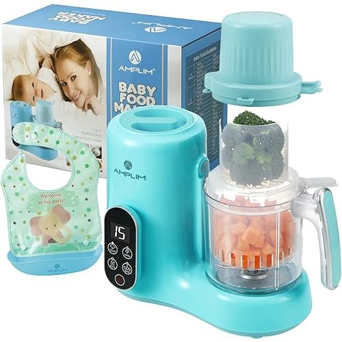Amplim Baby Food Maker, Baby Food Processor, Steamer, Blender, Puree Maker in-One for Infants and Toddlers. Smart Control Meal Preparation Machine, Essential Baby Registry Must Haves, BPA Free – Blue