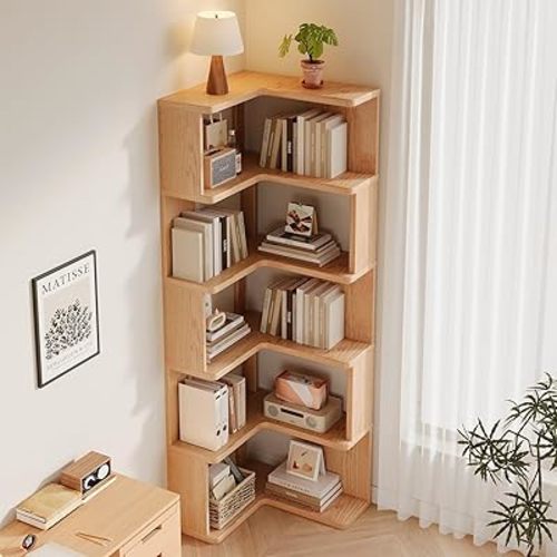 5 Tier Corner Bookshelf, Wood Small Bookcase with Open Shelf Units, Natural Oak Modern Mid Century Corner Book Shelf for Bedroom, Living Room, Home Office, Natural (5-Shelf)