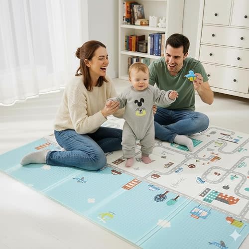 Bammax Extra Large 78" x 70" x 0.4" XPE Foam Baby Play Mat with Travel Bag | Waterproof, Foldable & Reversible Padded Playmat | Baby Crawling & Kids Play Mat – Giftable Design, Cars & Fire Engine.