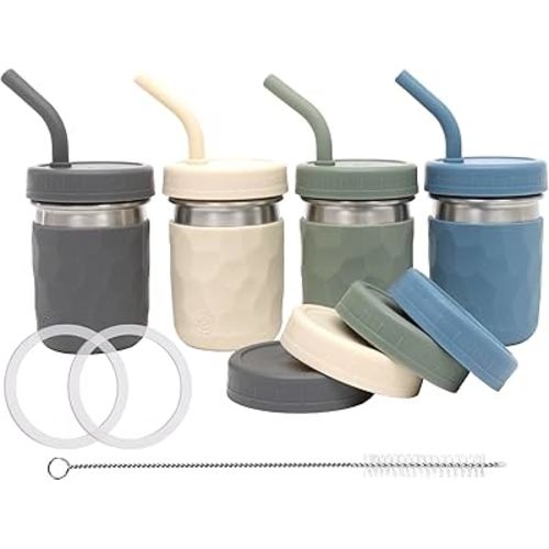 WeeSprout 2-in-1 Drinking Cups for Kids, Durable Stainless Steel Tumbler for Smoothies, Silicone Straws with Stoppers, Premium Plastic Twist Lids, Easy-Grip Sleeves, Set of 4 Dishwasher Safe Kid Cups