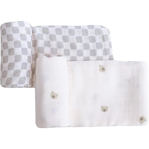 Muslin Swaddle Blankets - Set of 2 Gender Neutral Patterns- Large 47"x47",Organic Cotton & Viscose from Bamboo, Extra Soft Newborn Swaddles, Baby Shower for Boys & Girls (Checkered Tan & Bears)