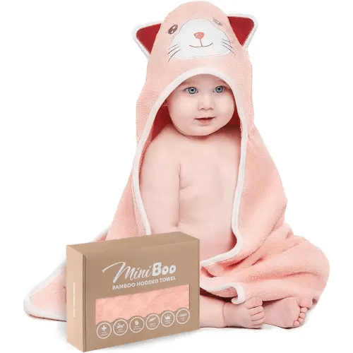 MINIBOO Premium Baby Towel with Cat Design - Extra Soft and Absorbent Rayon from Bamboo Baby Hooded Towel for Newborns, Infants, and Toddlers - Perfect as Baby Gifts