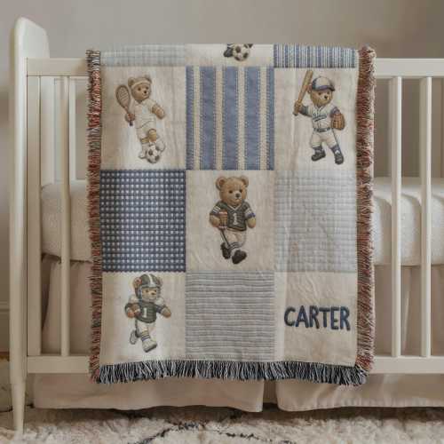 Personalized Teddy Bear Woven Blanket, Vintage Sports Bear Nursery Decor, Custom Name Baby Blanket, Classic Nursery Gift