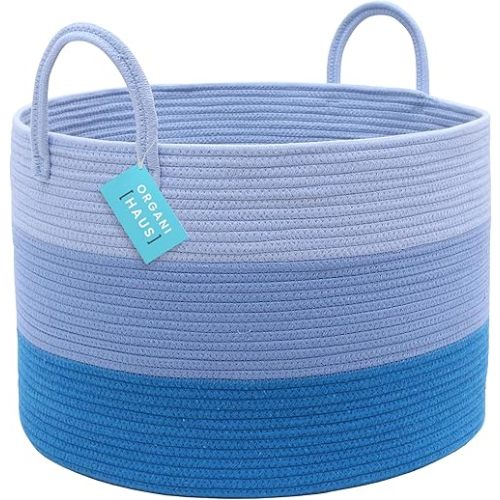 OrganiHaus Toy Storage Basket for Kids, Large Cotton Rope Organizer Bin for Nursery, Toy Box, Blanket Holder, Baby Hamper for Living Room, Soft & Washable, 20x13 inches - Blue