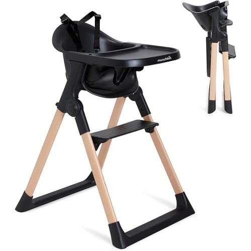Munchkin Float Baby High Chair, Foldable and Easy to Clean, for Babies and Toddlers, Black with Wooden Legs