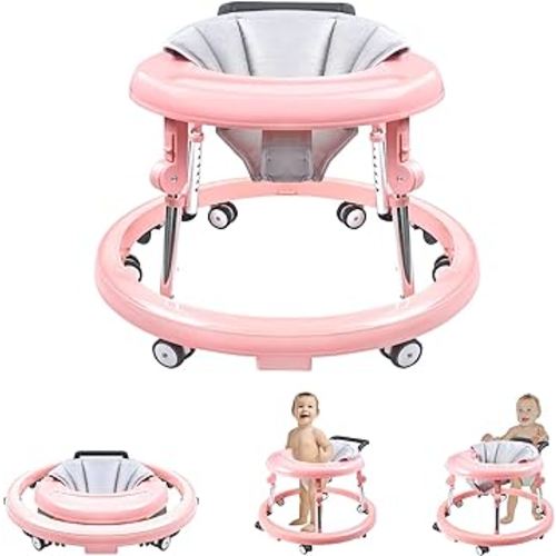 Baby Walker with Wheels, Activity Center with Mute Wheels Anti-Rollover, 5-Position Height Adjustable Foldable Baby Walker for Boys and Girls from 6-18 Months with Footrest