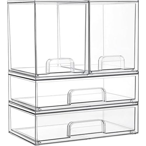 Vtopmart Stackable Storage Drawers Set of 4,Clear Plastic Organizer Bins for Makeup, Cosmetics, Beauty Supplies,Ideal for Vanity, Bathroom,Cabinet,Pantry Organization