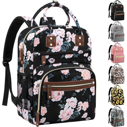 Diaper Bag Backpack Tote for Women Large Capacity with Insulated Pockets Multifunctional Diaper Bags For Baby Girl Boy Waterproof Baby Bags, Maternity Bag Black Pink Floral