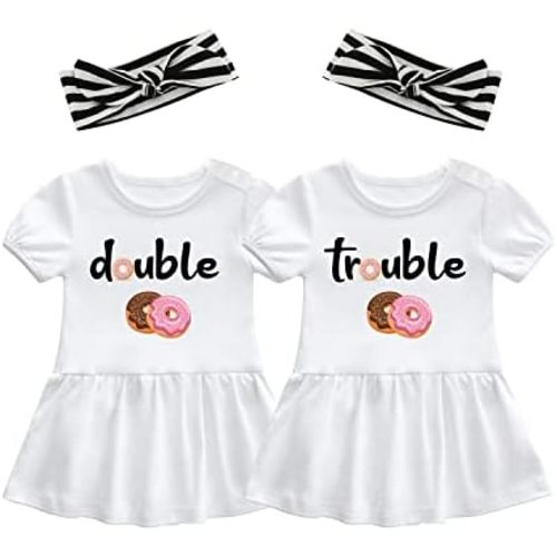 YSCULBUTOL Baby Twins Bodysuit Double Trouble Sweet Donuts Girl Outfits Sister Dresses Infant Romper With Headband Set