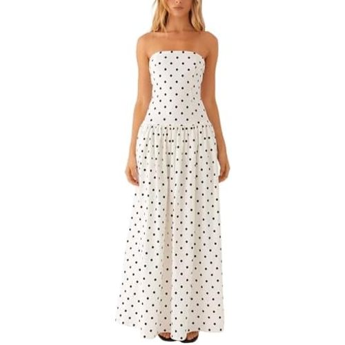 Luckinbaby Women Strapless Drop Waist Maxi Dress Y2k Long Floral Tube Dress Flowy A Line Off Shoulder Cocktail Dresses