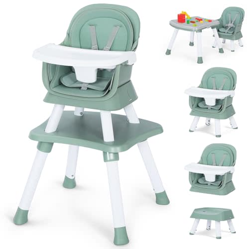 Kinder King 8 in 1 Baby High Chair, Coverts to Dining Booster Seat/Kids Table & Chair Set/Toddler Building Block Table/Kids Stool, Removable Tray & Double Seat Cover, Easy to Wipe, Green & White