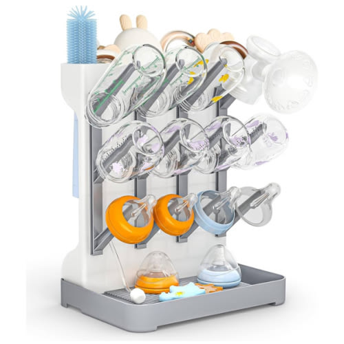 GoMaihe Baby Bottle Drying Rack: Space Saving Vertical Bottle Dryer Holder - Baby Accessories Storage Stand Organize Brushes Pacifiers on Countertop - BPA-Free - Gray