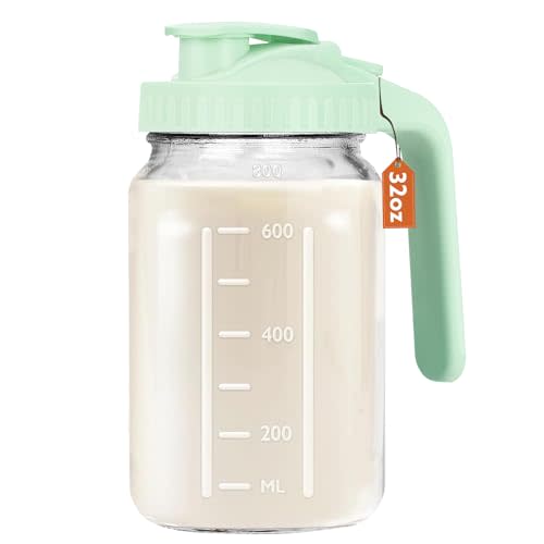 Mihlapi Breast Milk Pitcher, 32 OZ Mason Jar Pitcher with Lid Double Leak Proof,1 Quart Breastmilk Storage Containers for Fridge, Glass Jug for Sun Tea, Juice, Cold Brew Coffee