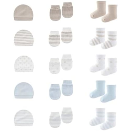 15 Pack Infant Hats Gloves Socks Unisex Baby Boy Girl Accessories Set Cotton New Born Caps Mittens
