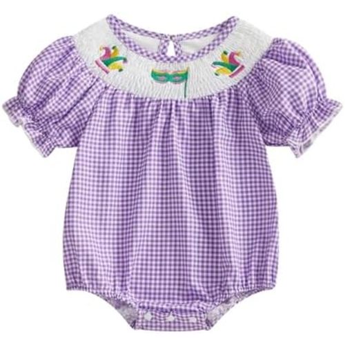 Newborn Infant Baby Girl Mardi Gras Outfit Mask Crown Embroidery Plaid Smocked Bubble Romper Short Sleeve Bodysuit