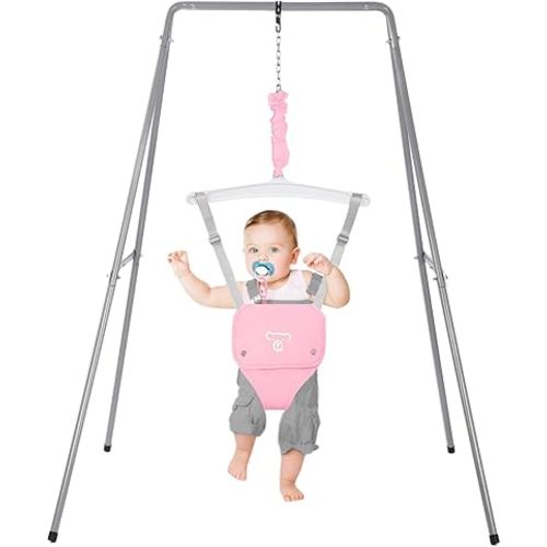 Baby Jumper with Stand, Baby Jumpers and Bouncers, Baby Exerciser Suitable for 6-24 Months, Easy to Assemble & Store Jumper for Baby (Pink)