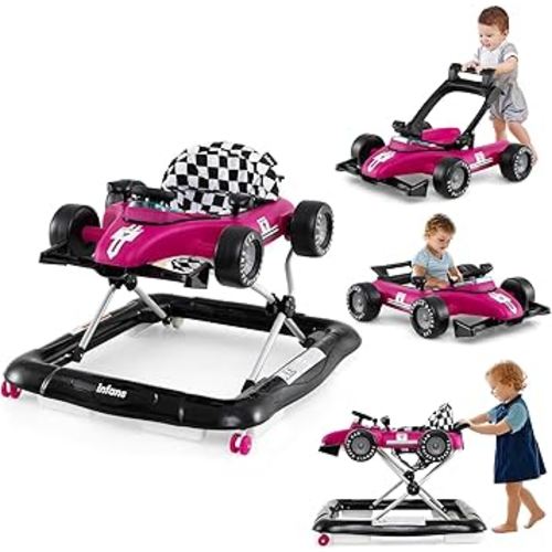 INFANS 4 in 1 Baby Walker, Foldable Toddler Activity Center with Adjustable Height, Padded Seat, Music, Light, Removable Tray, Push Walker for Girls Boys Aged 6-18 Months (Violet)