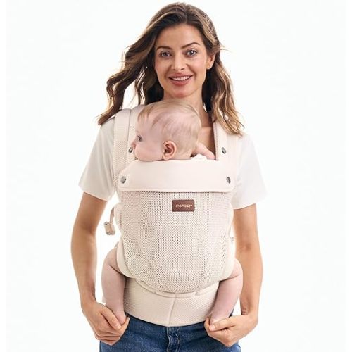 Momcozy PureHug Baby Carrier - Ergonomic, Cozy and Lightweight for 7-45 lbs | Easy to Put On, IHDI Hip-Healthy, 3D EVA Lumbar Support, X-Straps for Even Weight Distribution, Air Mesh Cooling, Almond