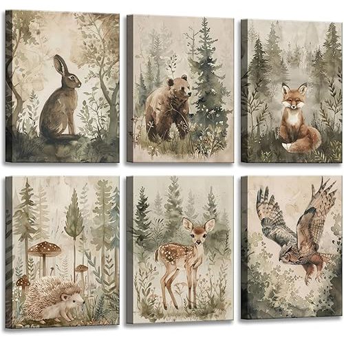 6 Pcs Woodland Nursery Canvas Wall Art Neutral Vintage Cottagecore Forest Safari Animals Natural Landscape Watercolor Painting Picture Wall Decor Poster Print Artwork for Baby Kids Room Decoration