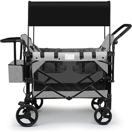 VOOI Stroller Wagon 4 Seater, Wagon for Kids, Collapsible W4 Stroller with Seats with 5-Point Harnesses, Easy Access Zipper Door, and Removable Sun Canopy (Grey, W4-Large)