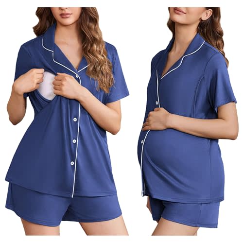 Ekouaer Women's Maternity Nursing Pajama Sets Button Down Postpartum Pajamas Short Sleeve Breastfeeding Clothes