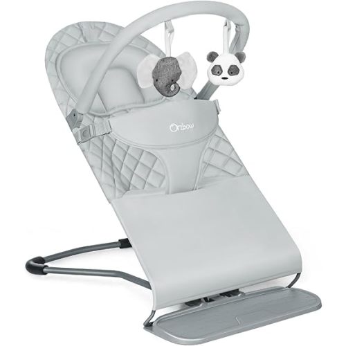 Orzbow Portable Baby Bouncer, Foldable Baby Bouncer Seat with Storage Bag and Removable Play Bar, 3 Recline Positions, 0-12 Months Up to 20lbs, Ergonomic Design, Easy to Wash, Gray