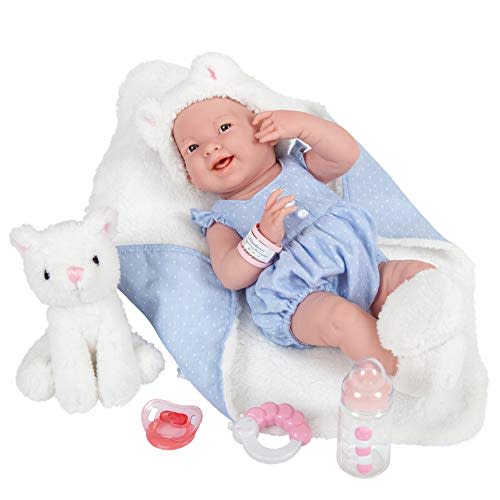 JC Toys La Newborn All-Vinyl-Anatomically Correct Real Girl 15" Baby Doll in Blue and Deluxe Accessories, Designed by Berenguer., Blue/White