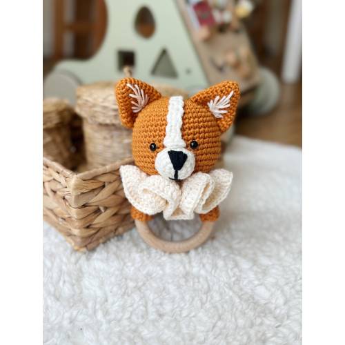 Crochet Rattle, Cute Corgi Rattle, Welsh Corgi Pembroke Toy, Baby Shower Gift, Christening Gift, New Baby Gift, New Mom Gift, dog rattle