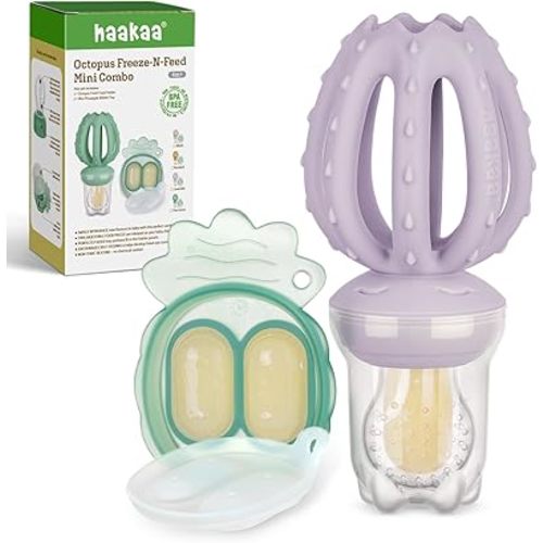 Haakaa Octopus Baby Fruit Food Feeder & Mini Freezer Nibble Tray Combo, Breastmilk Popsicle Molds for Cooling Relief, BPA Free Silicone Feeder for Safe Infant Self Feeding, 4 Month+ (Lavender)
