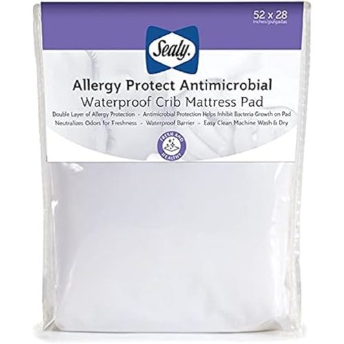 Sealy Baby Allergy Protect Antimicrobial Crib Mattress Protector Pad, Fitted Toddler Bed Cover, Protective Sheet for Boys & Girls Bedding, Waterproof, Machine Washable / Dryer Friendly, 52x28" - White