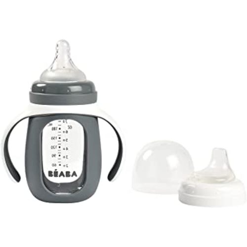 BEABA 2-in-1 Glass Baby Bottle to Glass Training Sippy Cup, Learning Cup, Baby Bottle with Soft Silicone Nipple and Sippy Spout, Baby, Toddler 7 oz (Charcoal)
