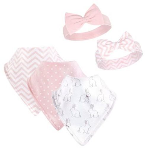 Hudson Baby Infant Girl Cotton Bib And Headband Set 5pk, White Bunny