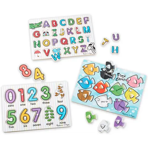 Melissa & Doug Classic Wooden Peg Puzzles (Set of 3) - Numbers, Alphabet, and Colors - Toddler Learning Toys, Alphabet And Numbers Puzzles For Kids Ages 3+