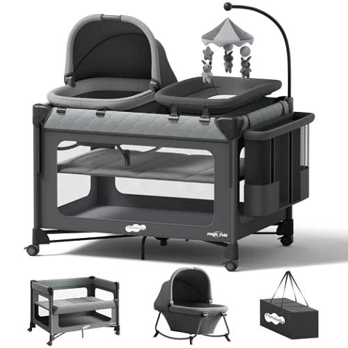 Pack and Play with Bassinet - 7 in 1 One-Step Setup Bedside Crib