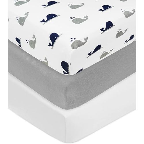 American Baby Company 3 Pack 100% Natural Cotton Fitted Crib Sheets 52" x 28" - Soft, Breathable, Hypoallergenic & Gentle Toddler Bed Sheets, Navy Whale/Gray/White, Neutral for Boys & Girls