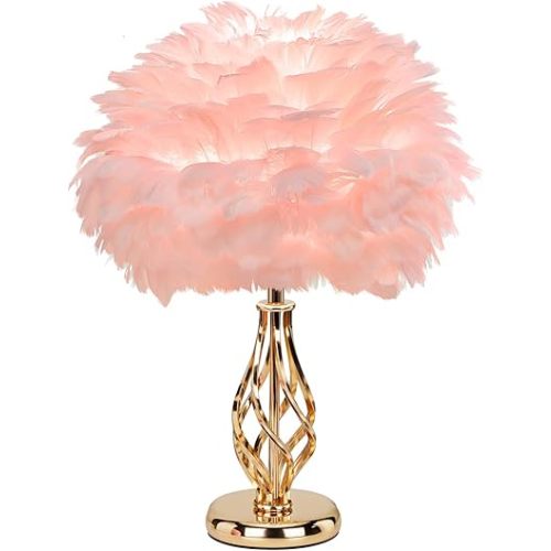 Feather Table Lamp with Unique Golden Spiral Cage Base - 3-Color Temperature Light, Perfect for Girls' Bedroom Bedside (Pink)