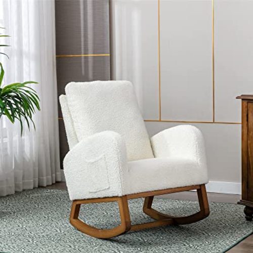 Antetek Modern Accent Rocking Chair, Upholstered Nursery Glider Rocker for Baby and Kids, Comfy Armchair with Side Pocket, Living Room Lounge Arm Chair with High Backrest (White)
