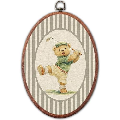 Lulavo Vintage Golf Teddy Bear Nursery Oval Wall Art, Grey Striped Canvas Prints Framed, Retro Golf Teddy Bear Decor for Neutral Baby Toddler Room Playroom Bedroom Hanging Decoration, 8.6 x 11.4 Inch