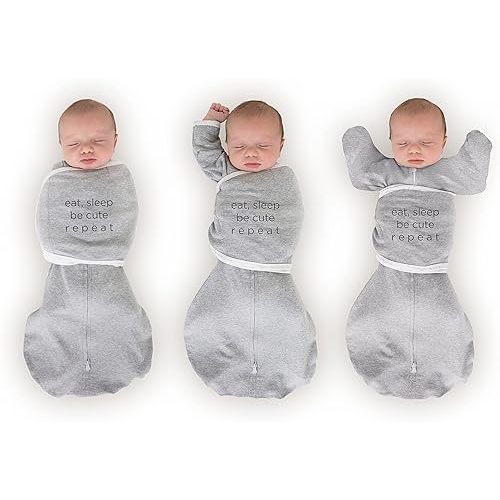 SwaddleDesigns 6-Way Omni Swaddle Sack, Arms Up Swaddle for Newborn, More Options to Calm Startle Reflex, Improves Sleep, Easy Transition Baby Sleep Sack, Small, 0-3 Month, Gray, Eat Sleep Be Cute